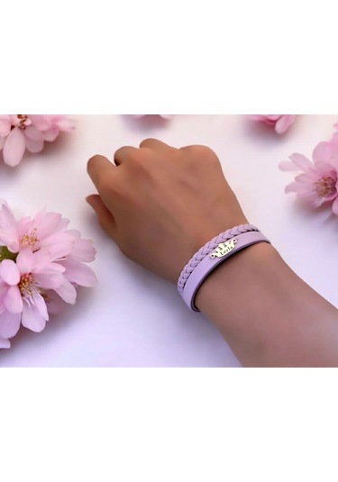 Archin Leyla İsmine Özel Doğal Mor Derili Taç Figürlü 14 Ayar Altın Plakalı Hediye Bileklik-637isim Leyla