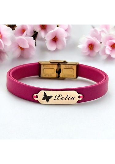 Archin Pelin İsmine Özel Kelebek Figürlü 14 Ayar Altın Plakalı Doğal Pembe Derili Hediye Bileklik-651isim Pelin
