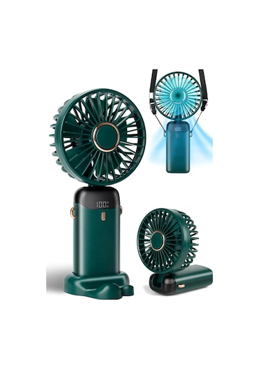 Lcd Ekranlı Şarjlı El Fanı Mini Vantilatör 5 Kademe Sessiz Boyun Askılı Yeşil Fan