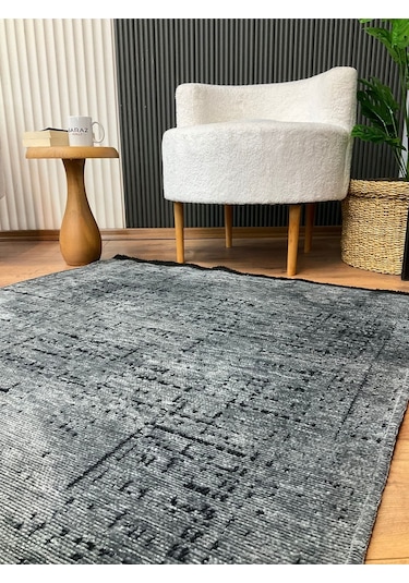 Şönil Dokuma Kayma Yapmaz Makinede Yıkanabilir Leke Tutmaz Kesme Bohem Kilim Antrasit 2 Gri
