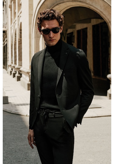 Ac&Co / Altınyıldız Classics Erkek Sıyah Slim Fit Dar Kesim Mono Yaka Casual Ceket Sıyah Siyah