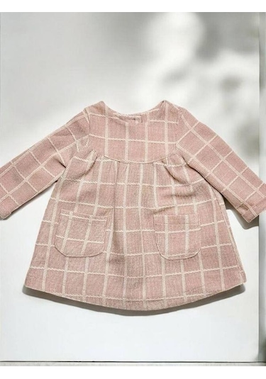 Çikoby Kız Bebek Kare Desenli Cep Detaylı Elbise-14887 Pudra