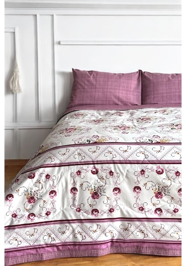 Alla Turca Tek Kişilik Yazlık Uyku Seti Düz Çarşaflı Kanaviçe Gül Kurusu Gülkurusu