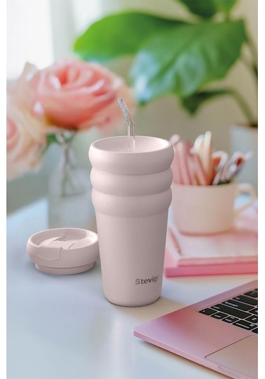 Stevig 3 Bubble Two-cap Straw Tumbler Çelik Termos 600 Ml Soft Quartz St-248 Pembe