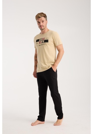 Akbeniz Erkek Ten Rengi Kısa Kol Pijama Takımı Krem