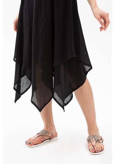 Kolsuz Şile Bezi Üçgen Katlı Midi Boy Elbise Siyah Syh