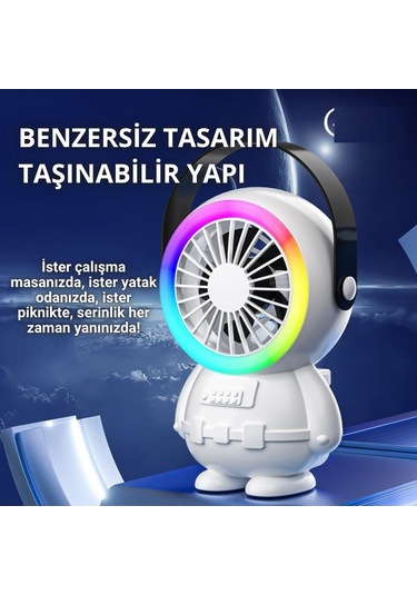 Polham 3 Kademeli Gece Lambalı 1500mah Şarjlı Taşınabilir Serinletici Vantilatör Fan, Ultra Sessiz