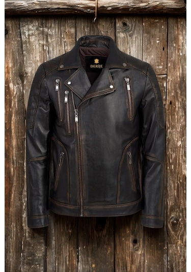 Derije Lucas Hakiki Deri Erkek Vintage Eskitme Biker Motorcu Tarzı Ceket-Mont
