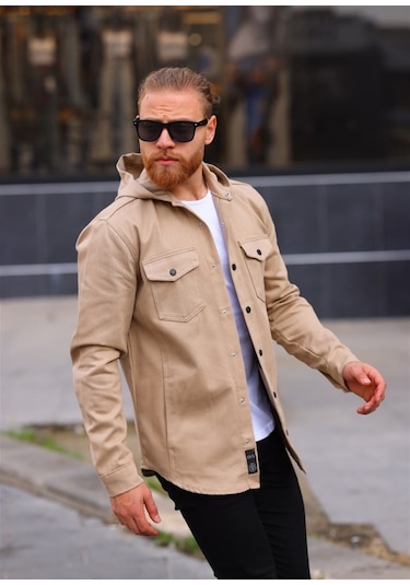 Vizon Renk Kapüşonlu Kot Ceket Vizon