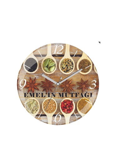 Kişye Özel Emel'in Mutfağı Çap 30cm Sessiz Akar Bombeli Gerçek Cam Duvar Saati Siyah