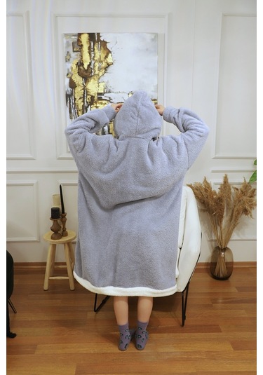 Rokeff Wellsoft Tek Kişilik Giyilebilir Battaniye Gri Beyaz Bantlı L/xl