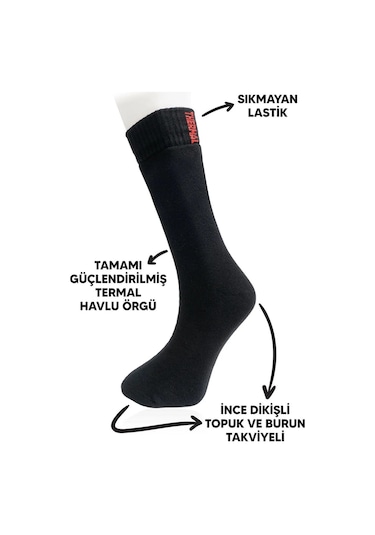 Erkek 3 Çift Termal Kayak Kışlık Havlu Çorap Siyah
