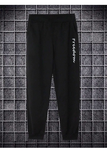 Eşofman Altı Jogger - Siyah Baskılı Lastik Paça Yüksel Bel Siyah