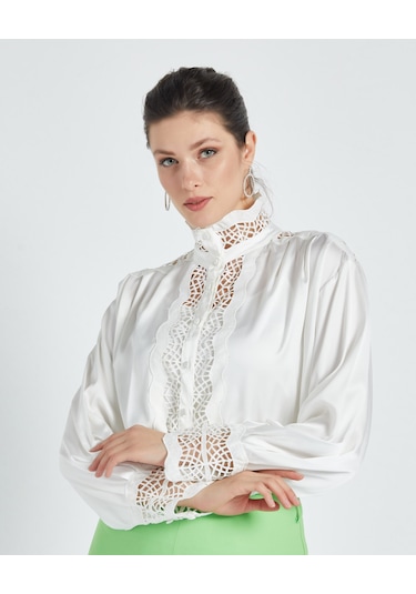 Şık Kadın Gömlek - Transparan Detaylı - Modern Ve Şık Tasarım- Özel Gün Ve Davetler İçin Gömlek Ekru