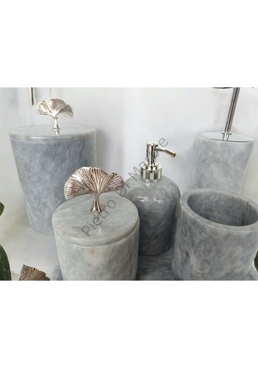 Gri Mermer Klasik Model 7 Parça Gümüş Renk Japon Gülü Aksesuarlı Banyo Seti Gri