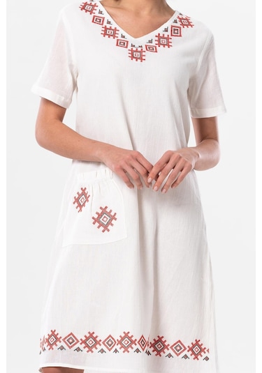 Kolsuz Şile Bezi Kruvaze Yaka Nakışlı Tülin Midi Boy Yazlık Otantik Elbise Krem Krm-krem Krem