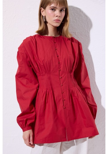 Beli Pile Detaylı Uzun Kol Bluz Kırmızı Kırmızı
