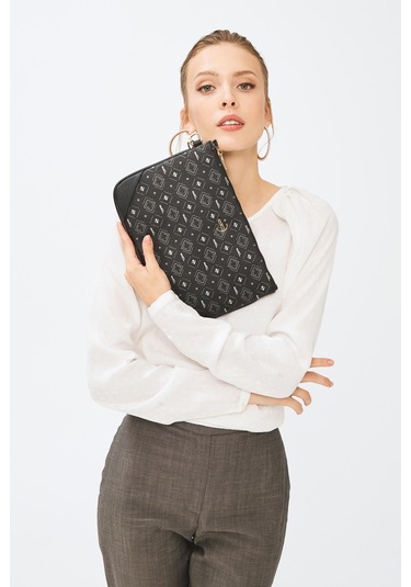 Deri Company Kadın Basic Clutch Çanta Monogram Desenli Siyah Gri 214002 Siyah - Siyah