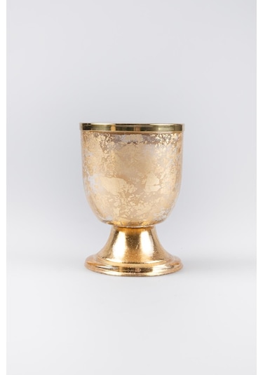 Altın Varak Eskitme Ayaklı Cam Mumluk Kokusuz Mum Logo Kapaklı Küçük 8.5x11.5 Cm