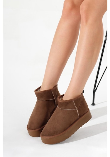 Kalın Poli Taban İçi Kürklü Süet Görünümlü Kadın Taba Bot Tbmhh005 Taba