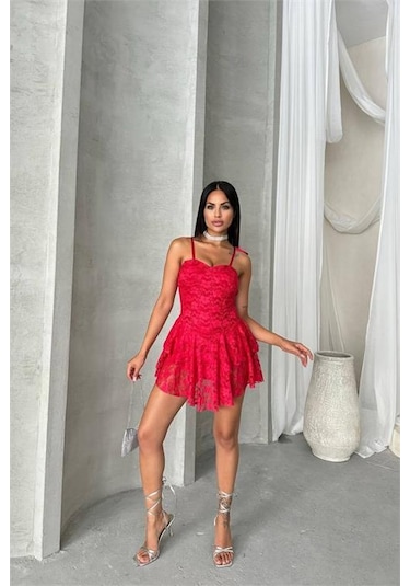 Dip Moda Kadın İçi Şortlu Prenses Mini Elbise Dpnbdf060 Kırmızı