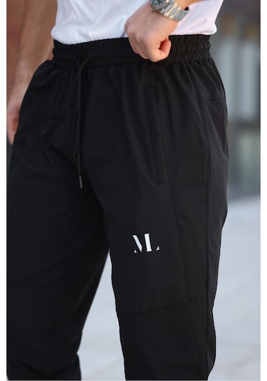 Erkek Siyah Baggy Eşofman Altı Fermuarlı Paça Kaliteli Paraşüt Kumaş Siyah