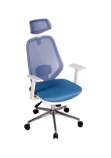 Ofisbazaar Dali Beyaz Fileli Yönetici Koltuğu Ergonomik Başlıklı Ofis Koltuğu Açık Mavi Mavi