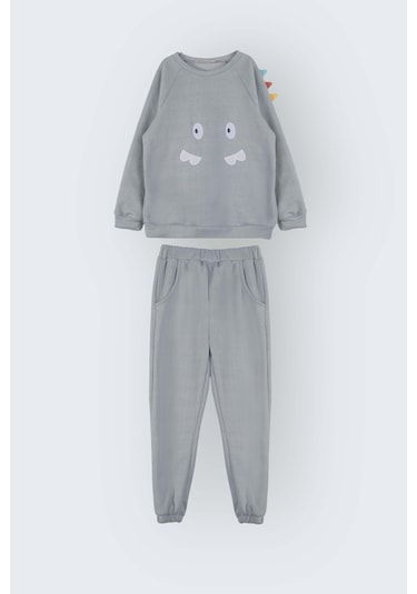 Luess Dinazor Nakışlı Pamuklu Erkek Çocuk Alt Üst Takım - Gri