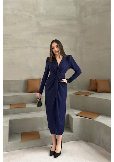 Neşeli Butik Kadın Mavi Anvelop Büzgülü Simli Premium Midi Elbise Nbelb08 Mavi