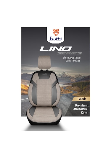 Bej - Siyah Butti Lino Serisi Keten Kumaş Premium Oto Koltuk Kılıfı Ortopedik Destekli, Ön Arka Tam Set