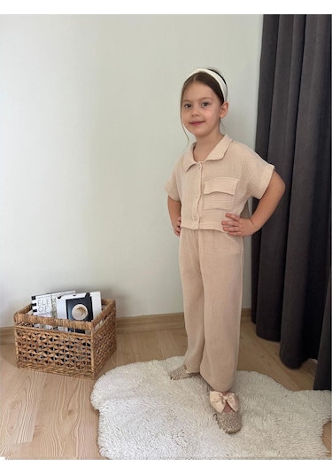 Müslin Kumaş Kız Çocuk Takım Bej