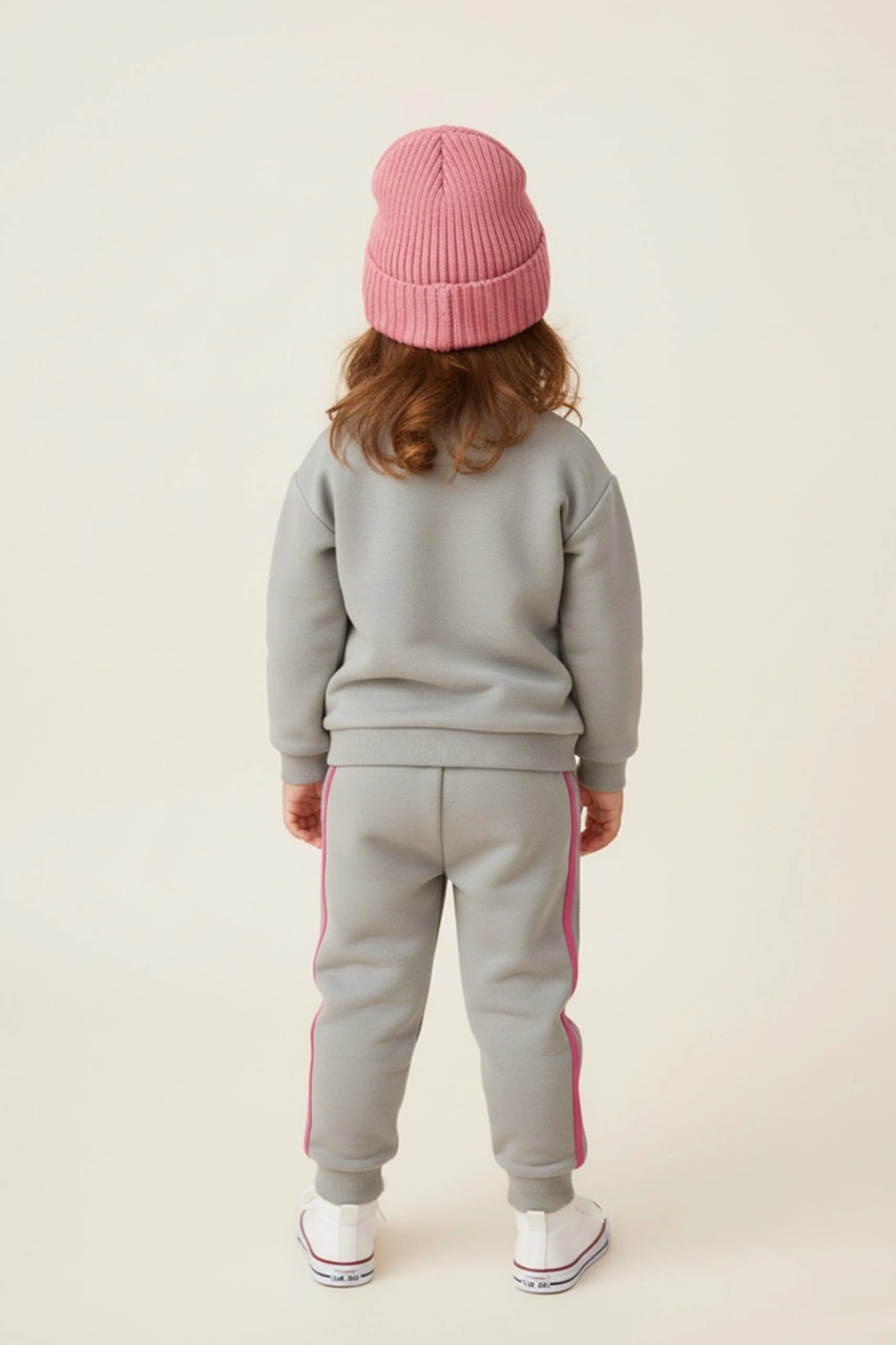 Kız Çocuk Şeritli 3 İplik Gri Alt Üst Takım Gri - Pembe