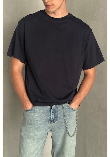 Hyman Erkek %100 Pamuk Oversize Basic T-shirt Lacivert