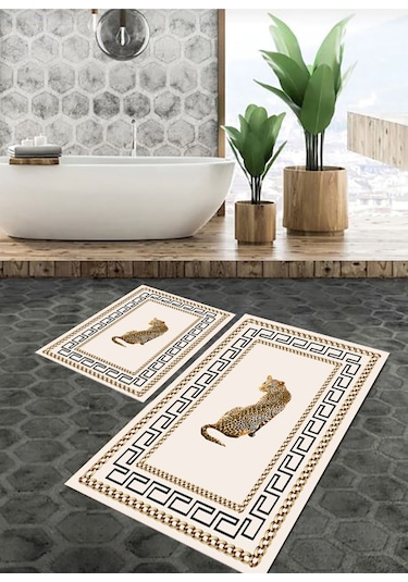 Leopar Desen Banyo Paspası, Kaymaz Taban, Yıkanabilir Paspas, Krem