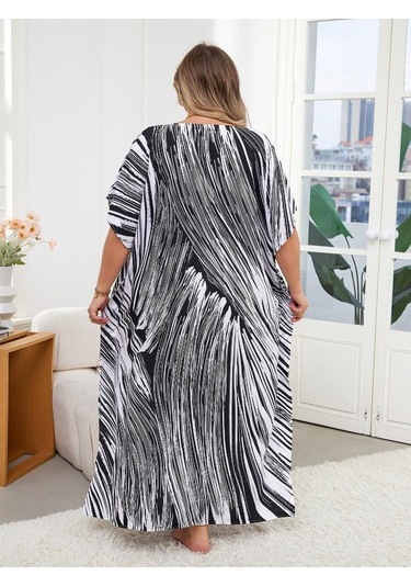 Edolynsa Siyah Çizgili Bol Kadın Kaftan Sabahlık Büyük Boy Ev Giyimi Rahat Giyim Yazlık Giyim Mayo Üst Kıyafet Q1594 Çok Renkli