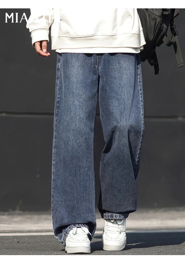 Willowhaven Gri Mavi Xl Erkek Hafif Yıkama Bol Kesim Düz Paça Orta Esnek Bel & Düğme Jeans Gri Mavi