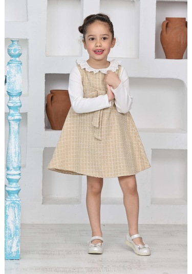 Kız Çocuk Şanel Kumaş 2'li Elbise Elbise+bady Bluz 12174 KREM