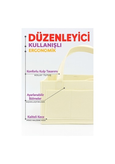 Yunusoğlu Home Krem Kalın Keçe Anne Bebek Bakım Çantası Yenidoğan İçin Organizer Düzenleyici Krem