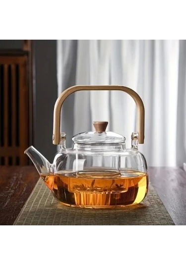 Bambu Saplı Cam Filtreli Demlik Şeffaf