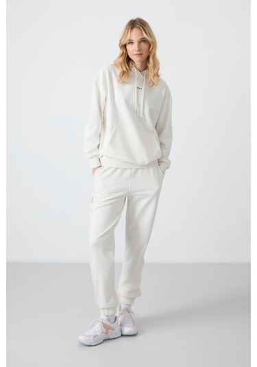 Tommy Life Ekru Kapüşonlu Kanguru Cep Oversize Lastik Paça Kadın Eşofman Takımı - 95288 Ekru