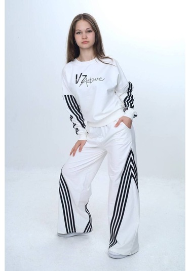 Kız Çocuk %100 Pamuk Şeritli Oversize 2 İplik Alt&üst Eşofman Takımı-305-eşt-0009 Ekru