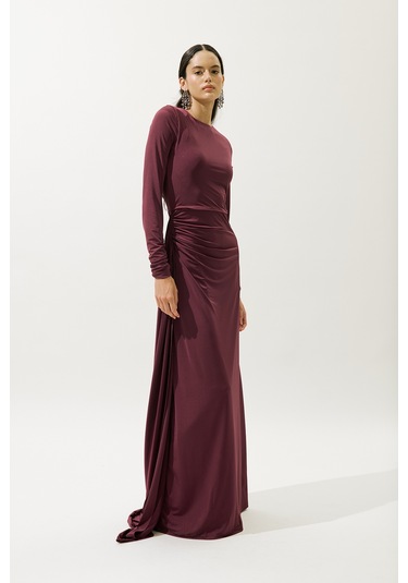Bağlama Detaylı Abiye Elbise Bordo Bordo