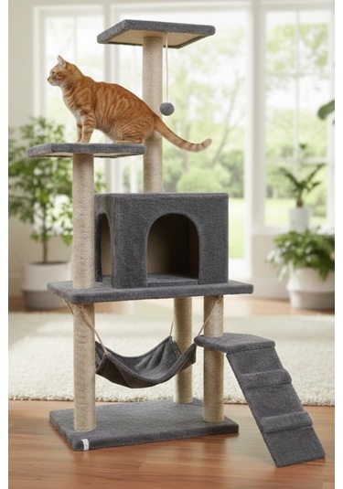 Missidea B07 Hamaklı Yuvalı Lüx Kedi Tırmalama Oyun Evi Antrasit
