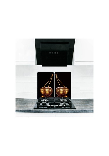 2' Li 40X52 CM Altın Kiraz Desenli Cam Kesim Tablası ve Ocak Koru