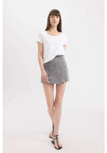 Defacto Yüksek Bel Mini Jean Şort Etek C0695AX24SMNM55 Gri