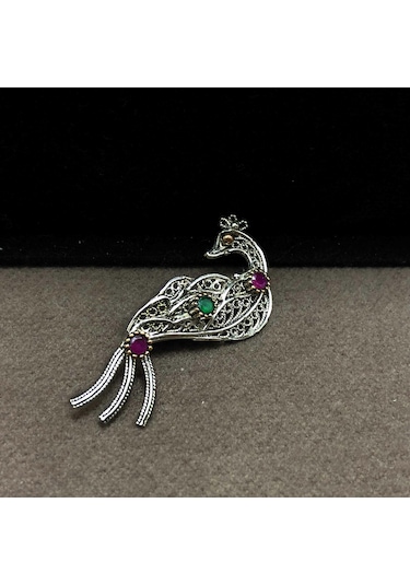 Kuş Model Gümüş Oksitli Telkari Bayan Broş