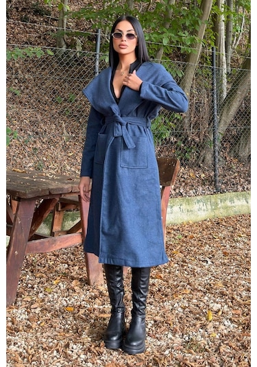 İndigo Kruvaze Yaka, Kapüşonlu, Çift Cepli, Beli Kemerli, Uzun Kaşe Kaban Astarsız İndigo
