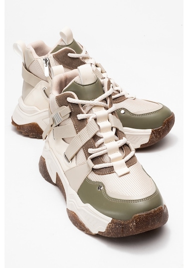 Clara Bej Yeşil Fermuarlı Ve Bağcıklı Kadın Spor Bot Bej - Yeşil