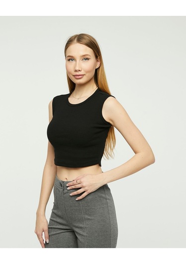 Bella Dossi Rahat Siyah Kaşkorse Kolsuz Sıfır Yaka Kadın Crop Top Siyah