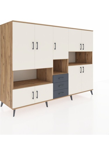 Kronos Dolap 13 Raflı 3 Çekmeceli 9 Kapaklı 220x59x163 Çam-aytaşı Çam-aytaşı/antrasit